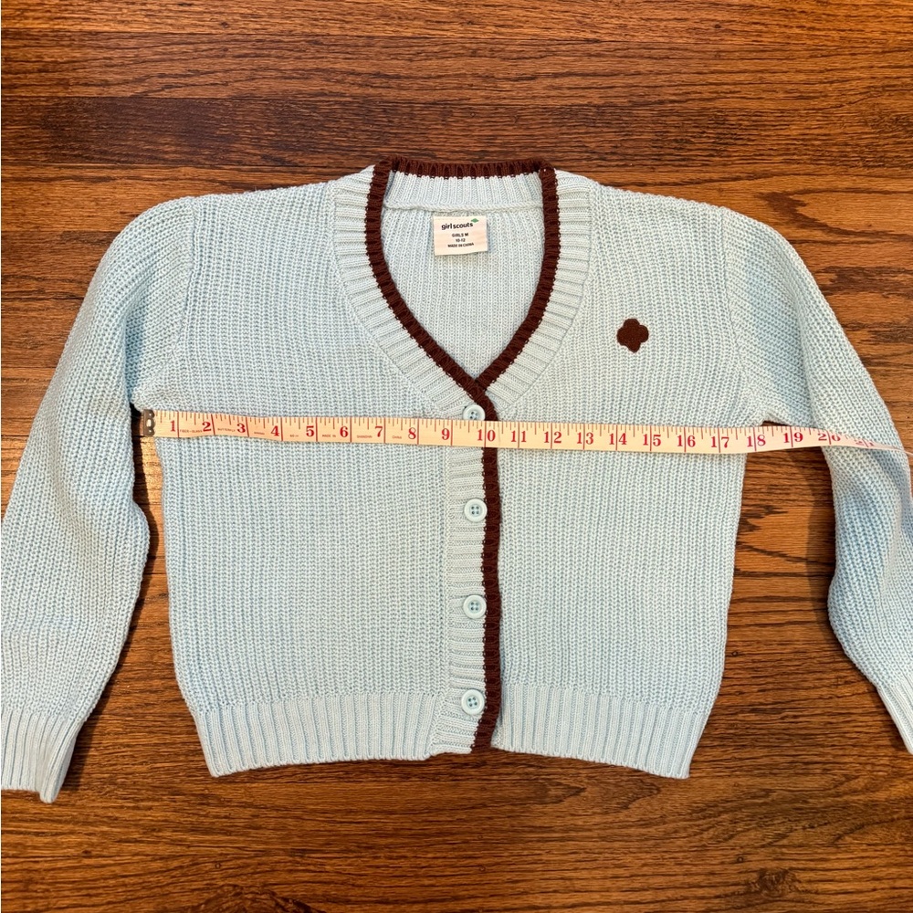 Kids' Light Blue Cardigan Sweater with Brown Trim - Picture 5 of 5